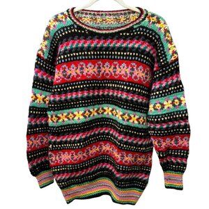 Vintage 90s Hand knit Rainbow Fair Isle crew neck sweater XL 46 bust 29 long